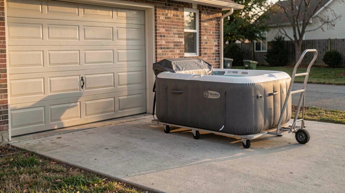 A level concrete driveway beside a closed garage door, a boxed inflatable spa on a hand truck in late afternoon light, wide framing showing the apron and door clearance.