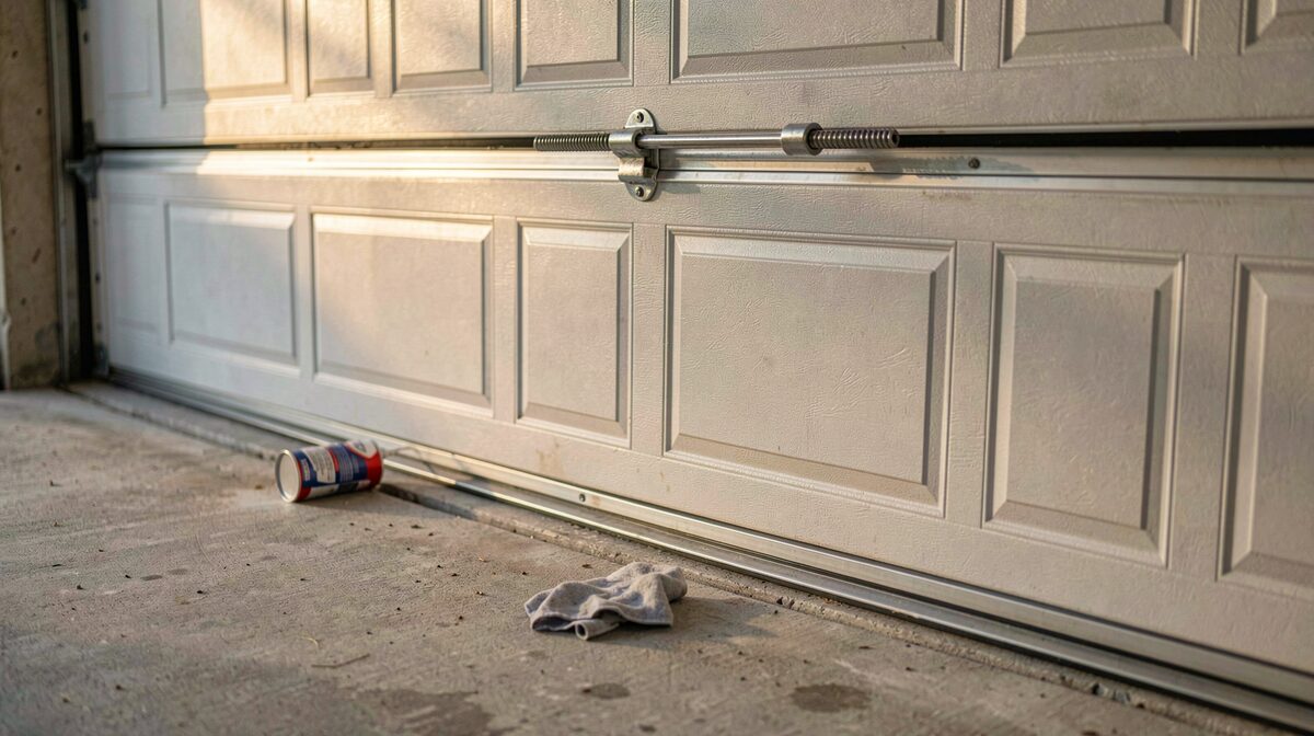 A garage door half open in late afternoon light, a can of lubricant and a rag on the concrete floor beside the bottom seal, the torsion bar and springs visible above the door.